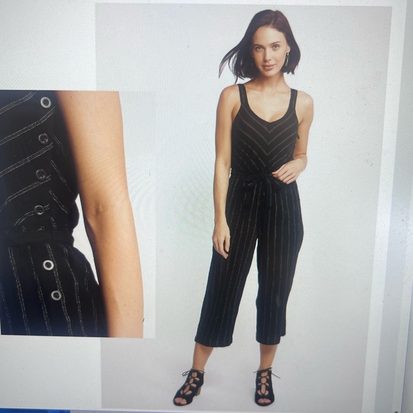 Fat Face Romper Jumpsuit women’s size 2 black and brown pinstripes side buttons - Picture 1 of 13
